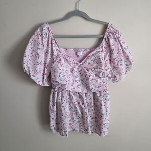 Crown & Ivy Pink Floral Puff Sleeve Smocked Back Peplum Top Large Cotton